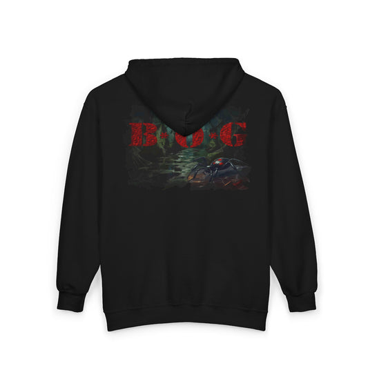 Black hoodie with a graphic design on the back featuring text and imagery.