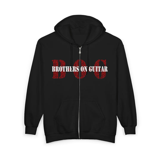 Black hoodie with 'BOG' and 'Brothers on Guitar' text on a white background