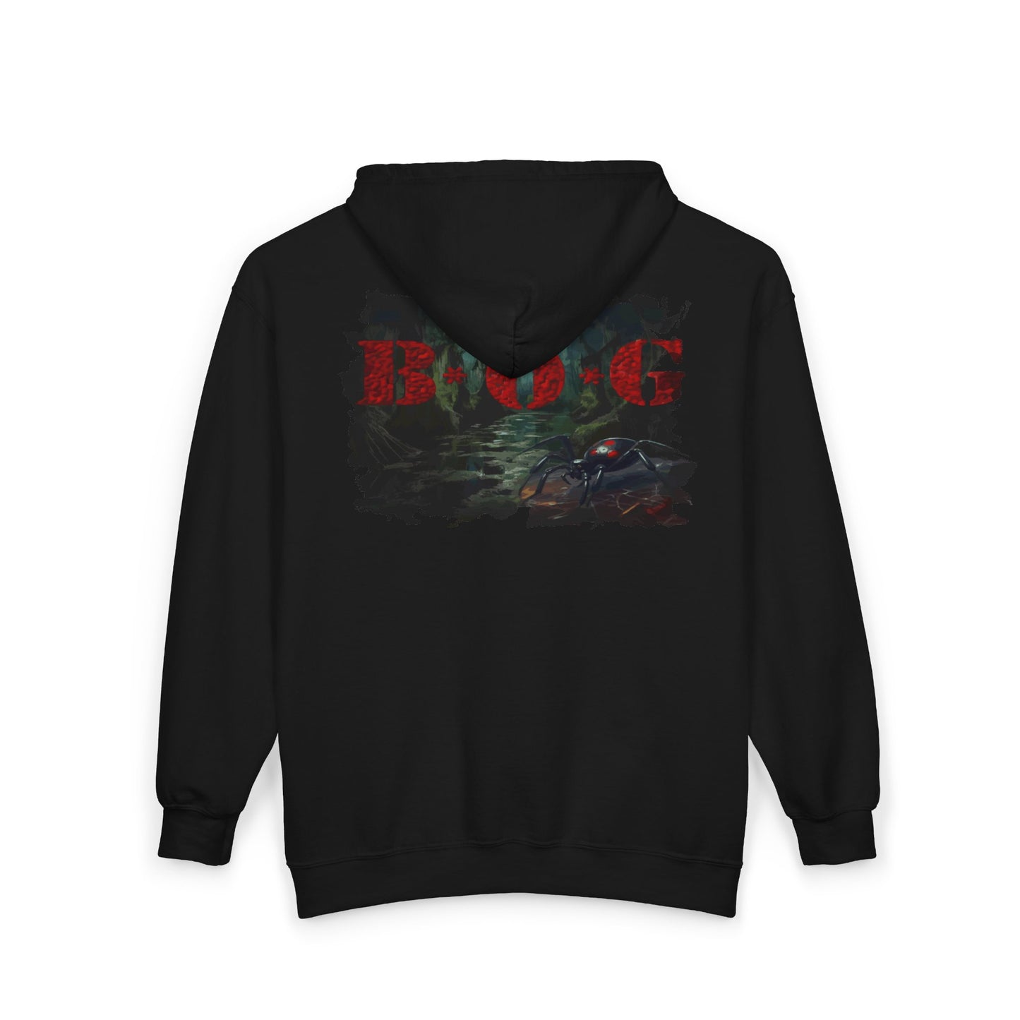 Black hoodie with a graphic design on the back featuring text and imagery.