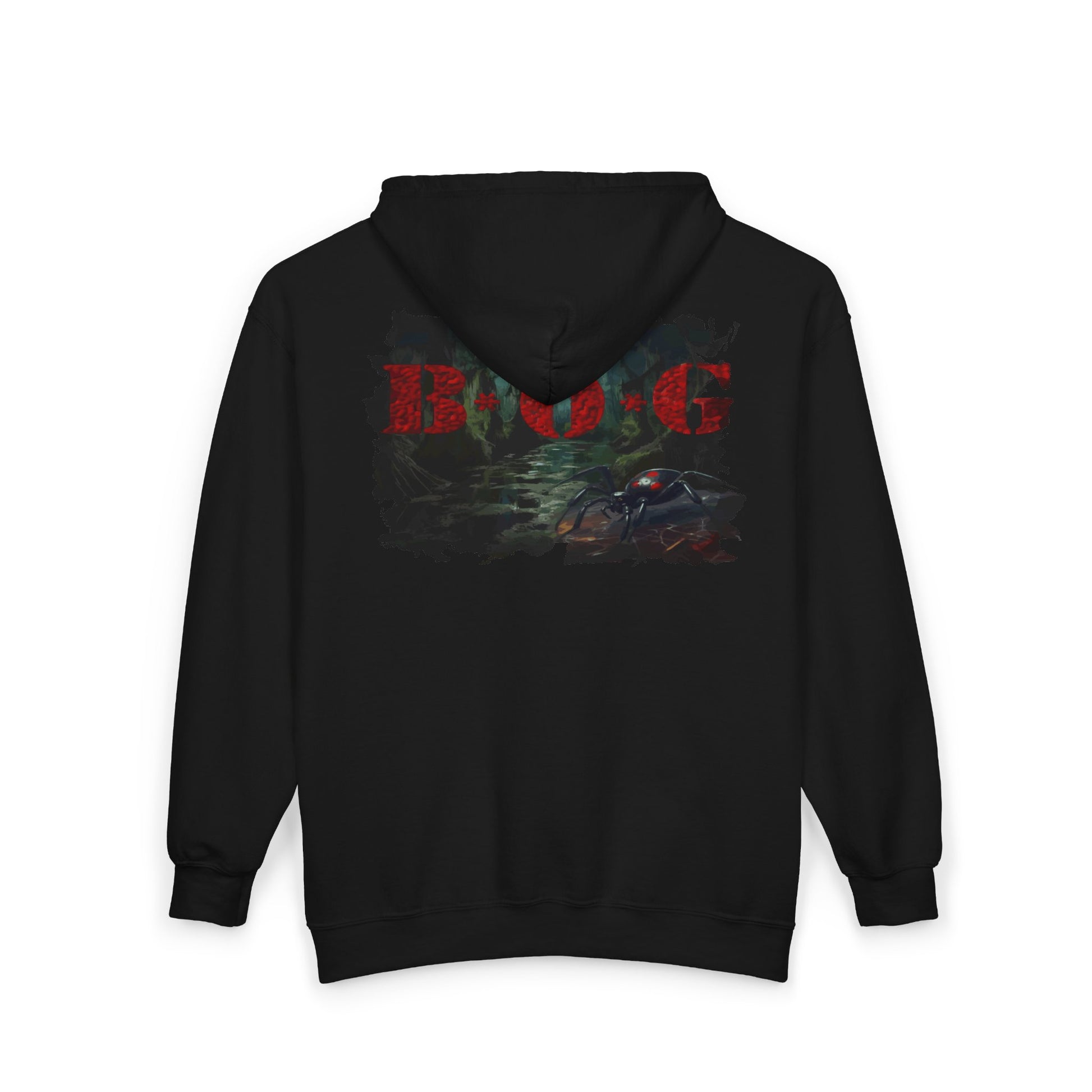 Black hoodie with a graphic design on the back featuring text and imagery.